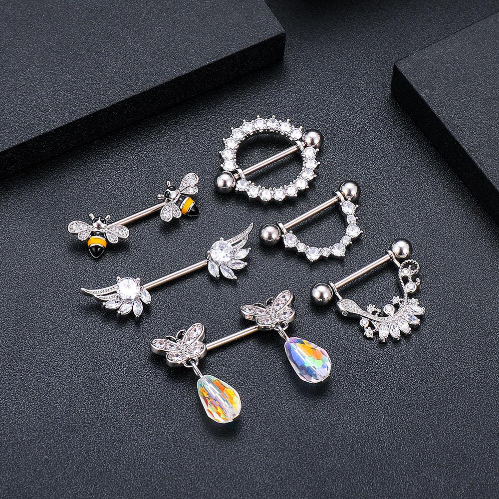 2pcs Butterfly Nipple Piercings Rings 16mm Length Bar Barbell Steel Crystal Nipple Shield Cover Heart Flower Tongue Body Jewelry