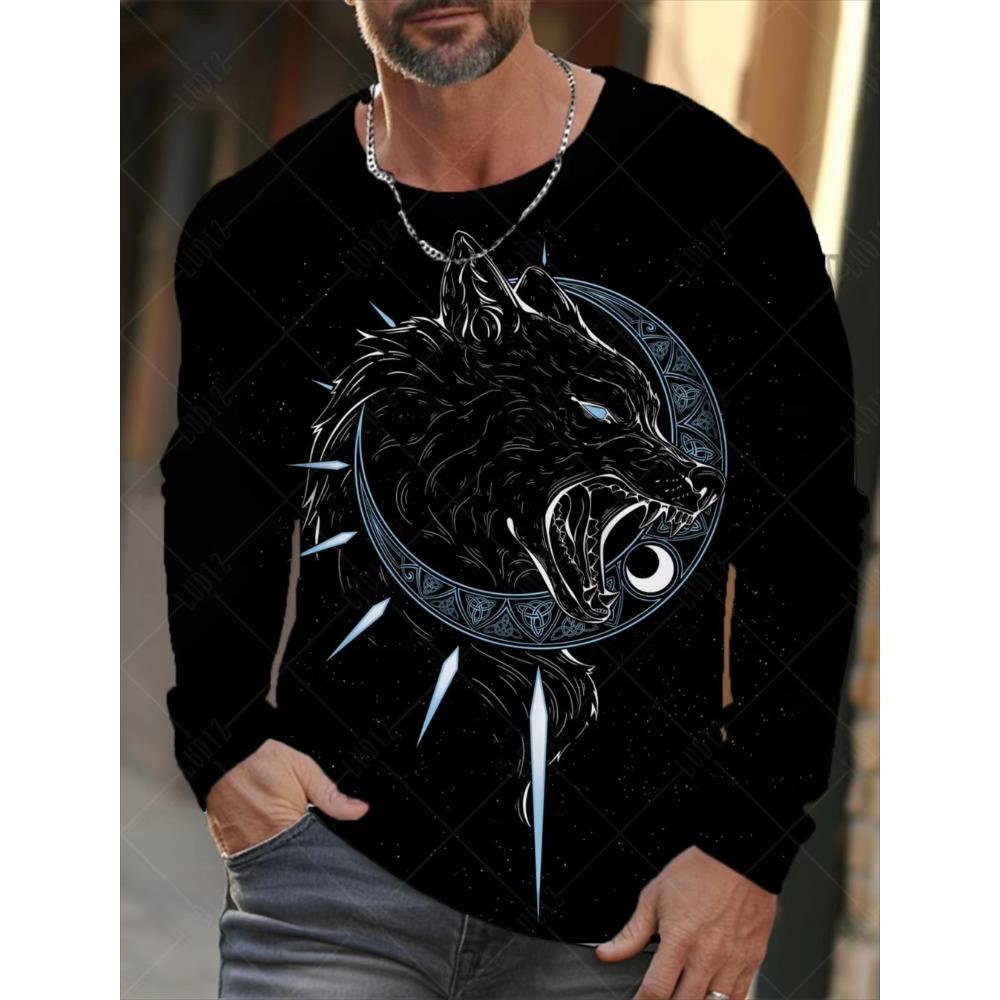 Animal Wolf Printed T-shirt Men Long Sleeve Casual Fashion T-shirt Personalized Comfortable Breathable Versatile Autumn T-shirt