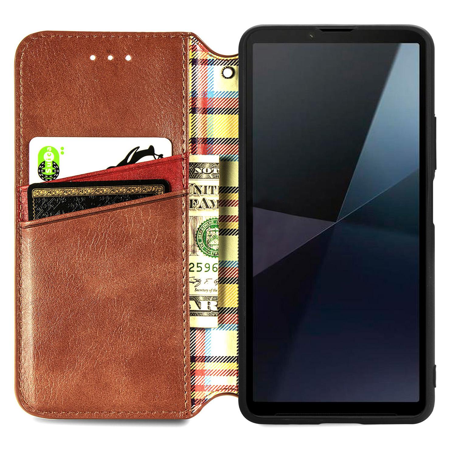 

For Sony Xperia 10 VI PU Leather Case Rhombus Imprint Wallet Stand Phone Cover Brown