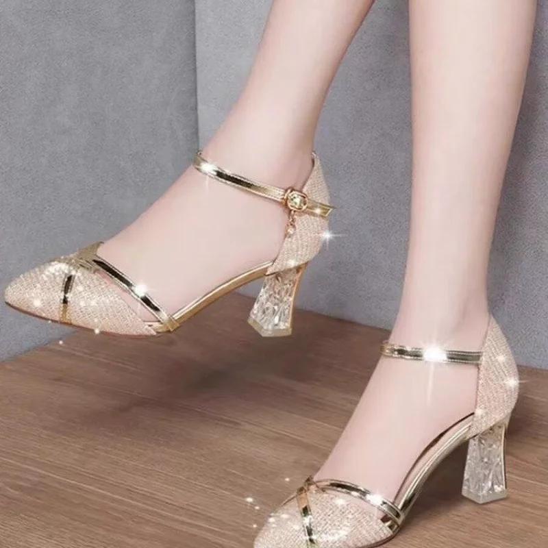 Fashion Sexy Gold Women Sandals Party High Heels Slip-On Solid for Ladies Quality Wedding Party Nightclub Sequin Buckle Shoes for Women