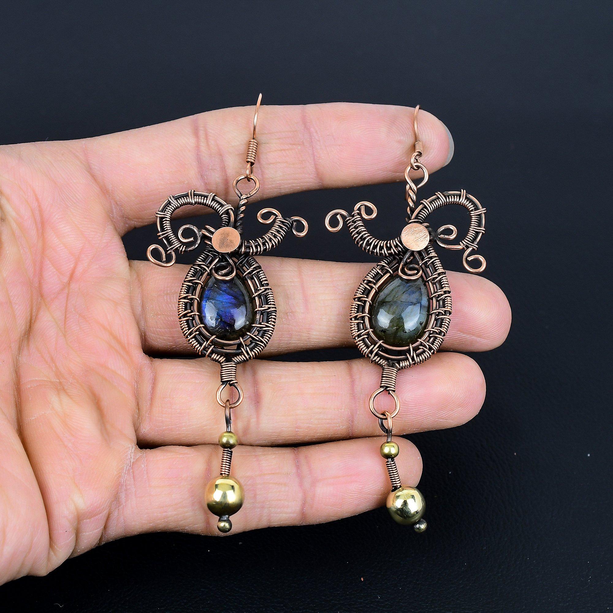 

Labradorite 999 Copper Wire Wrapped Earrings, Handmade Gemstone Jewelry Earrings For Memorial Day 3.77 Inches