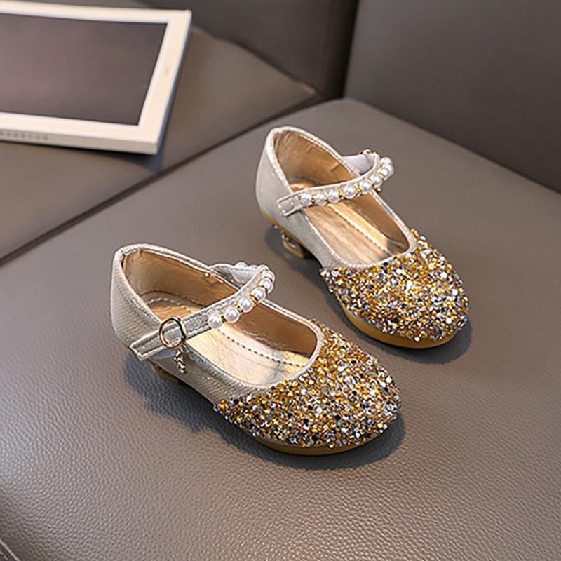 

Кожаные туфли для девочек, туфли принцессы на высоком каблуке, декоративная детская обувь с блестками и бусинами 28
