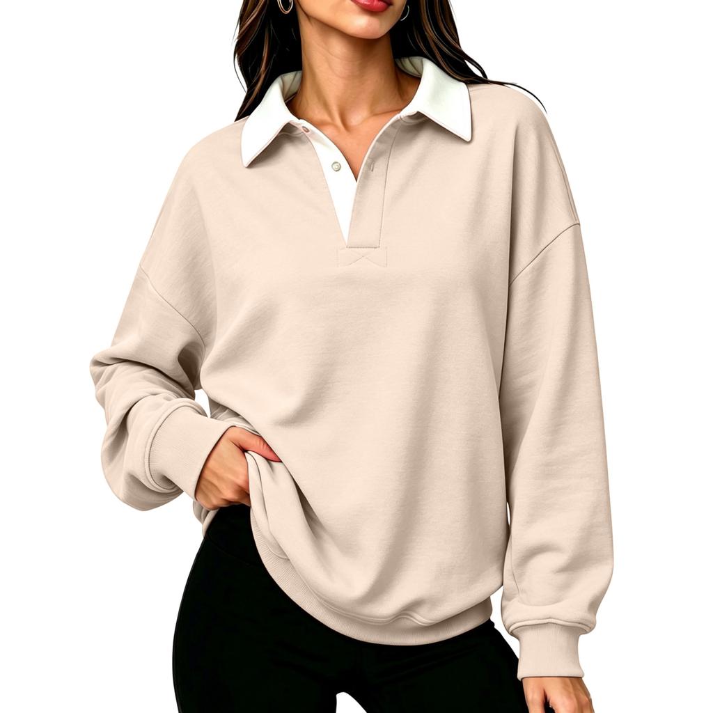 Women's Casual V-Neck Long Sleeve Color Pullover Sweatshirt for Everyday Wear