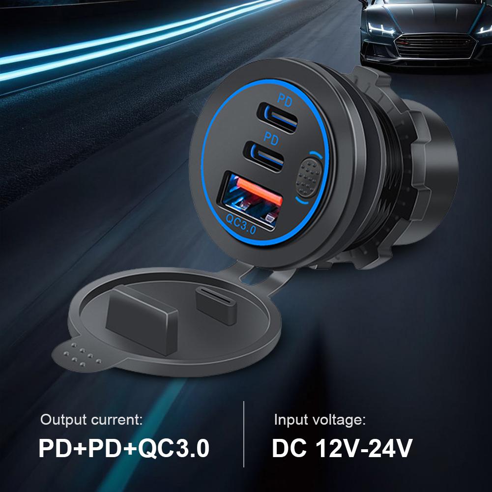 12V-24V Car Charger Socket 75W PD Type C QC 3.0 Fast Charge Adapter 3 Ports USB Outlet Waterproof Car Charger for Car RV Marine