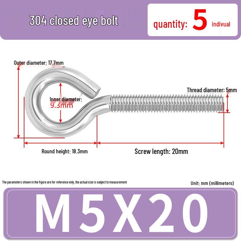 304 Stainless Steel Eyebolt with Ring Hook – Machine Thread Closed Eye Bolt (M4 M5 M6 M8)