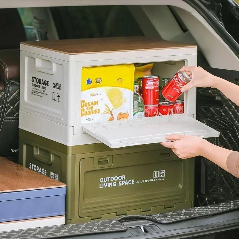 Portable Camping Storage Box Foldable Sundry Organizer Box with Lid Car Trunk Organizers Table Dual-Purpose Outdoor Picnic Boxes