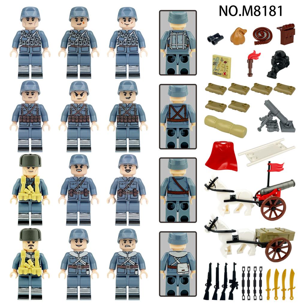 Eighth Route Army Assembly Number M8181 Children Assemble Small Particles Building Block Toy Carriage Sandbag Machine Gun