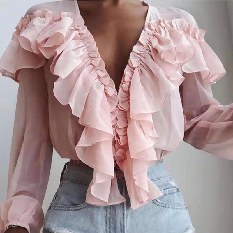 Camicetta pullover con volant in chiffon a maniche larghe in tinta unita di grandi dimensioni con colletto