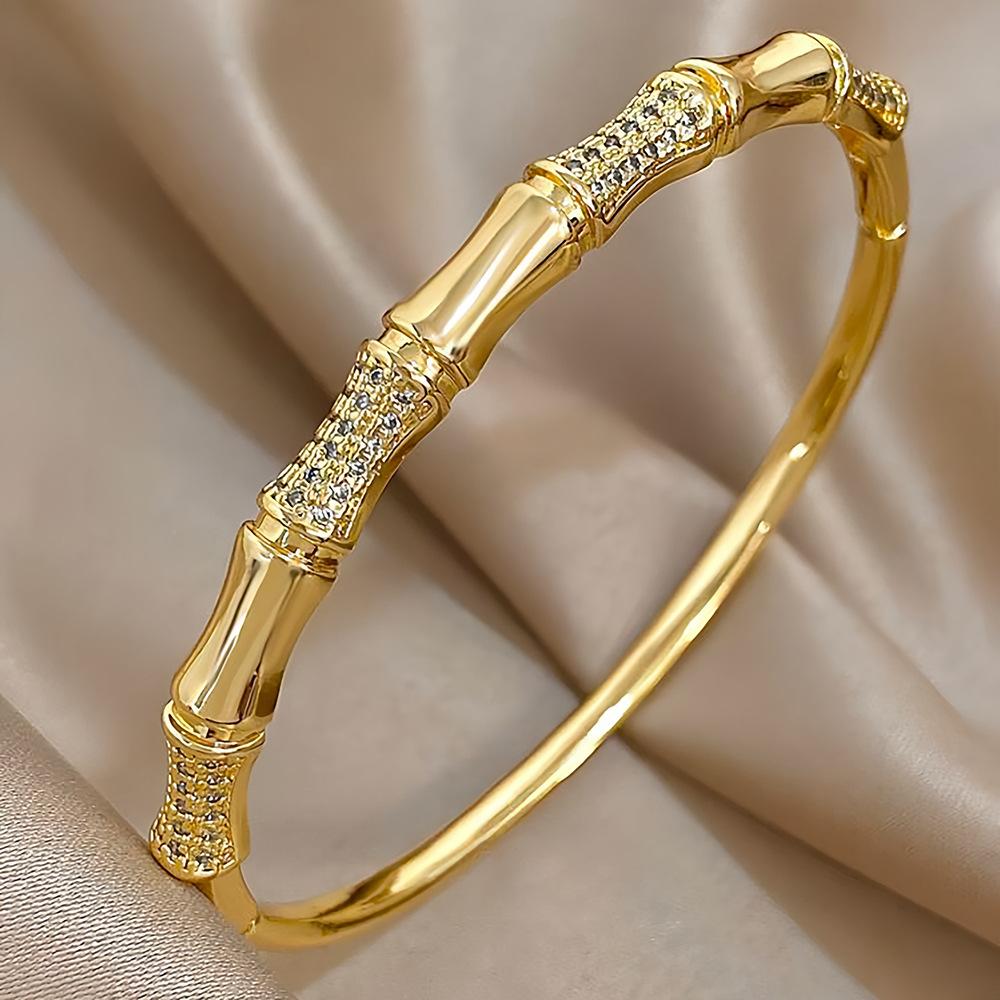 

Women s Trendy PVD Gold Plated Brass Charm Bracelet with Zircon Bamboo Pattern for Party Occasions