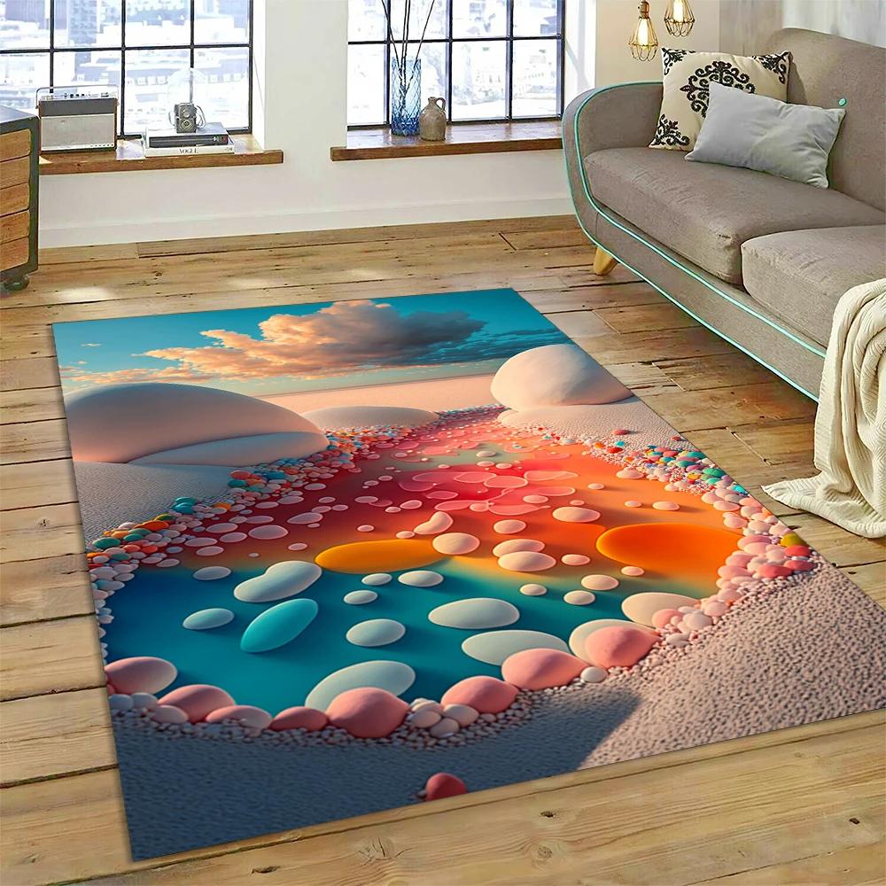 2025 New Style Colorful Pebble Rainbow Road Beach Stone Scenery Carpet Rug for Living Room Bedroom Home Sofa,Non-slip Floor Mat