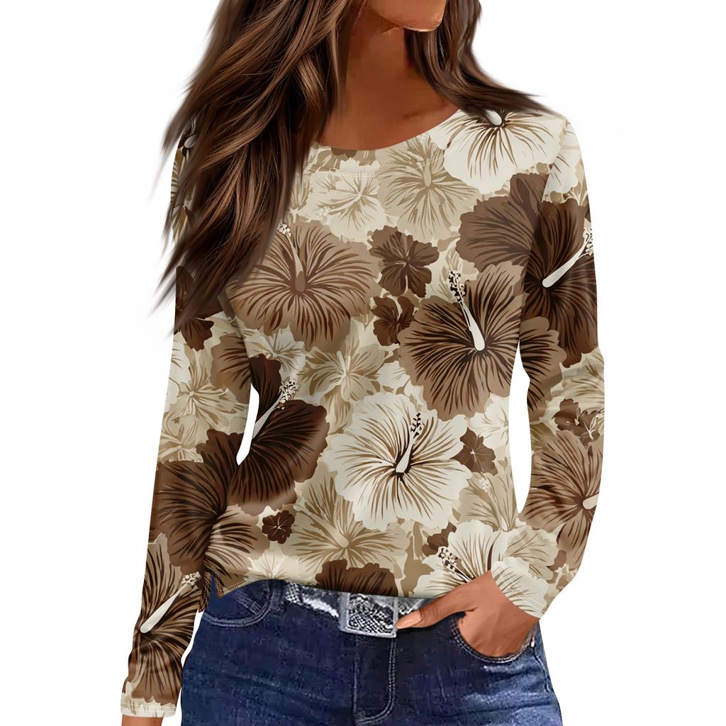 Women's Fashion Hem Slit Casual Retro Floral Print Round Neck Long Sleeve Top
