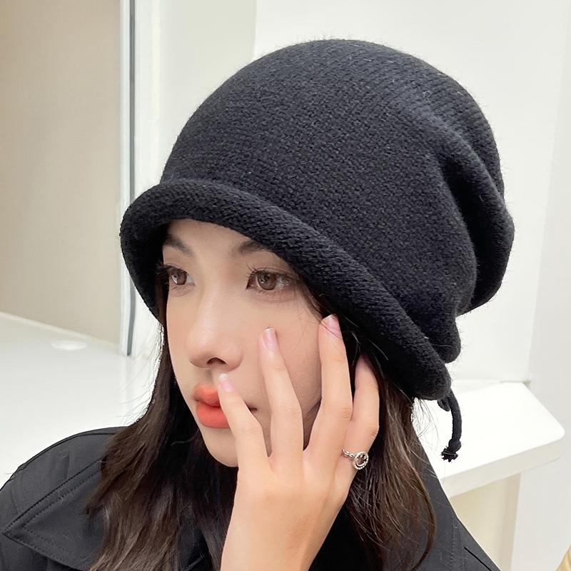 Pullover Hat Girls Drawstring Curling Lazy Wind Stacking Hat Baotou Hat Men's Solid Color Knitted Hat
