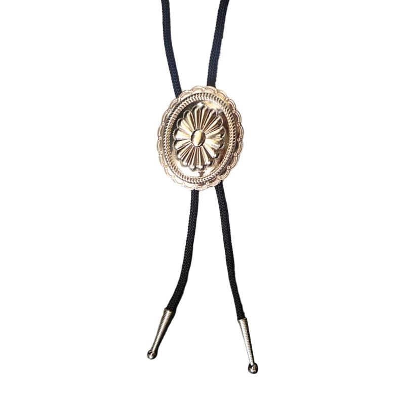 Men Women Vintage Bolo Tie Metal Flower Jewelry Cowboy Braided Rope Necktie Western Necklace with Feathered Pendant