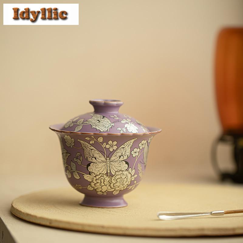 120ml Ru Kiln Gilt Silver Butterfly Gaiwan Ancient Tea Tureen Tea Bowl With Lid Kit Tea Making Cover Bowl Teaware Decoration
