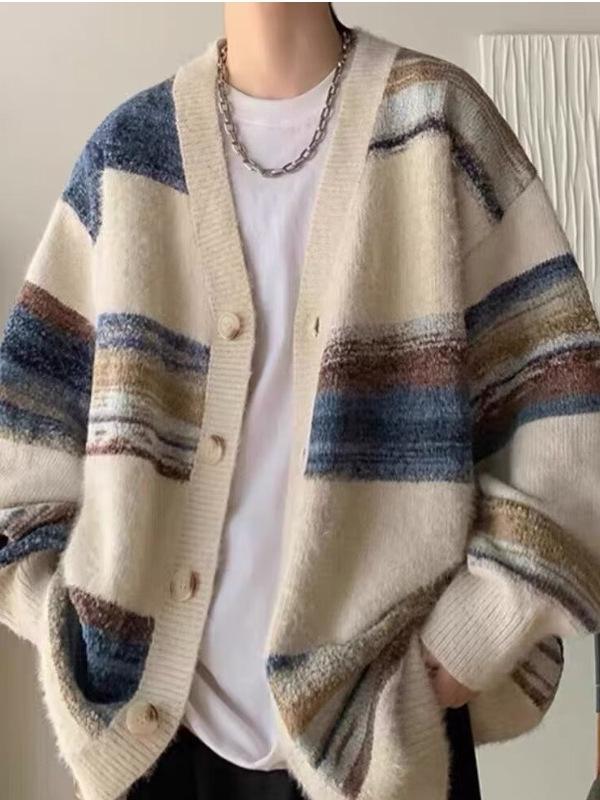 Men's Striped Knit Cardigan: Soft, Casual Autumn/Winter Outerwear, Versatile & Cozy, Unisex Style.