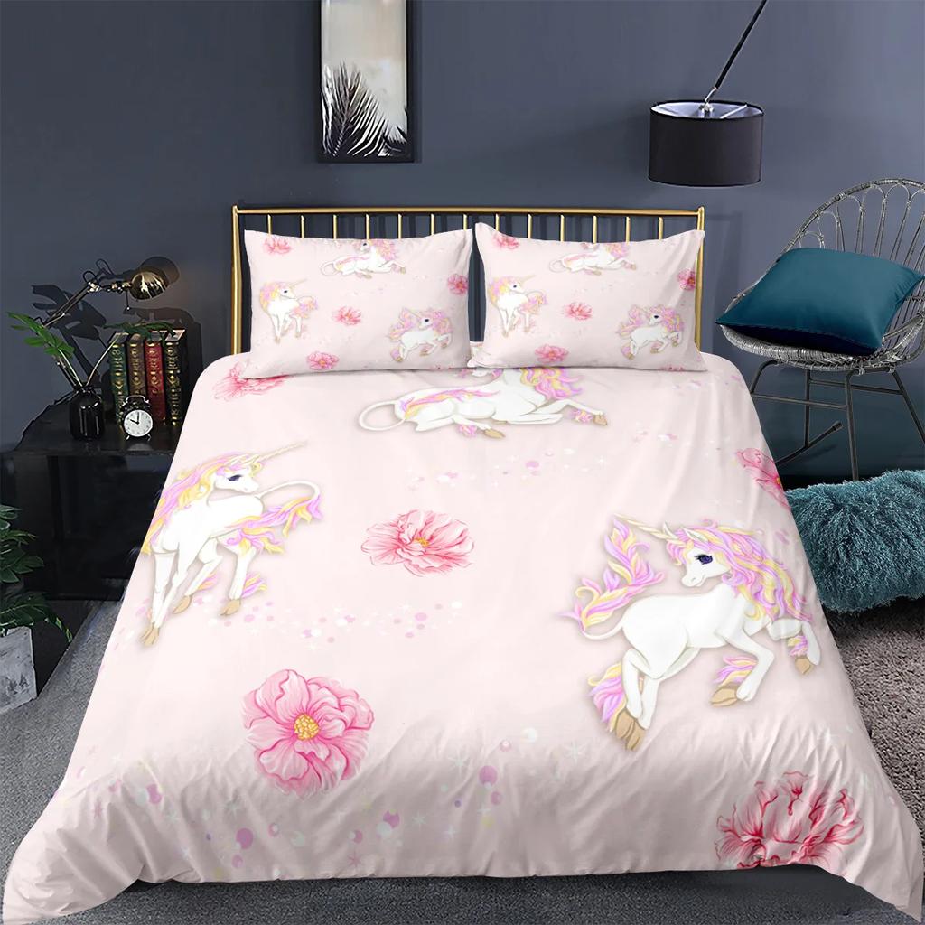 Unicorn Bedding Set King Queen White Pink Unicorn Duvet Cover for Girls Kids Dreamy Cartoon Sparkle Lilac Polyester Quilt Cover