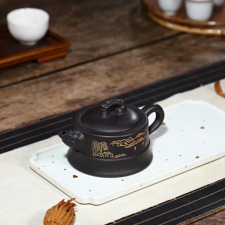 

Оригинальный чайник из черной золота, глины, фиолетовой глины, 225 мл, полностью ручная работа с выгравированными персонажами, знаменитый чайник Longting, чайный сервиз кунг-фу 225ml чёрный