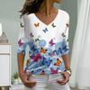 Hydrangea Print Women Tshirts Ladies Tops Long Sleeve V-neck Pullover Femme T-shirts T Shirt For Women
