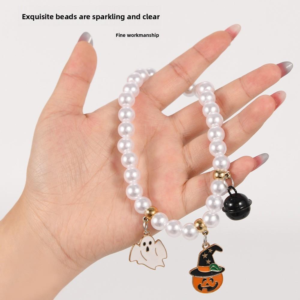 Halloween Pet Collar With Ghost And Pumpkin Beads For Cats