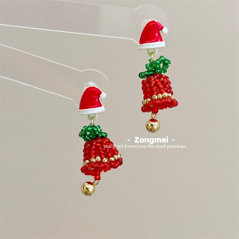 3D Christmas Tree Earrings with Red Bow - Heavy Beaded Crystal Ear Clips, Hand-Woven Holiday Accessories