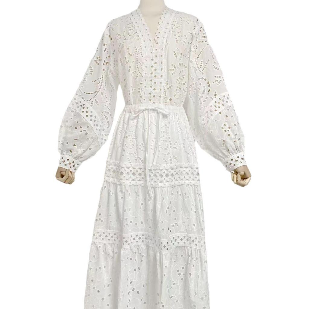 2023 Fall V-Neck Lantern Sleeve Top & Elastic Waist Hollow Skirt Set for Women