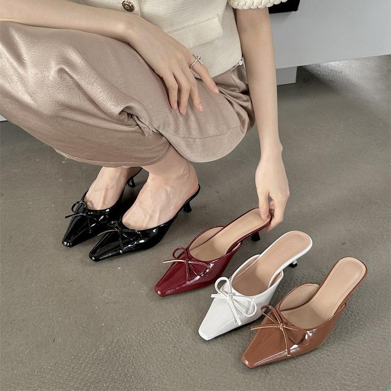 

Summer new bow medium stiletto shoes bag head half slippers women s large size high heel single shoes cool slippers 42