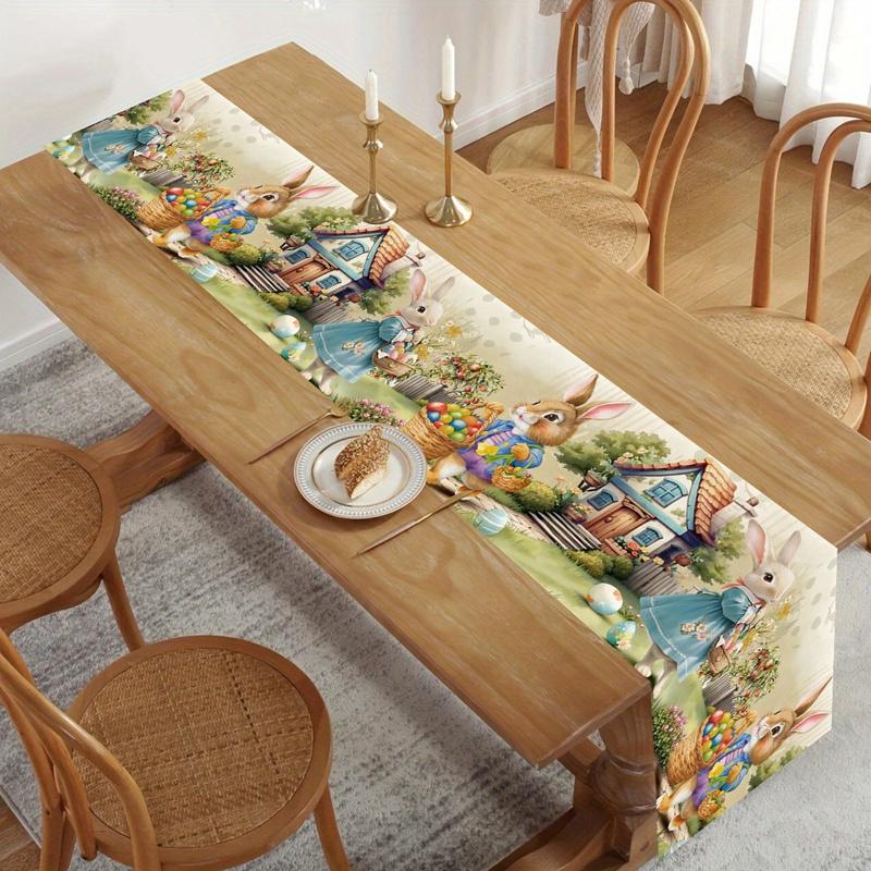 Vintage Easter Bunny Table Runner Polyester Rabbit Eggs Flower Table Flag Easter Decorations For Home Kitchen Dining Table Decor