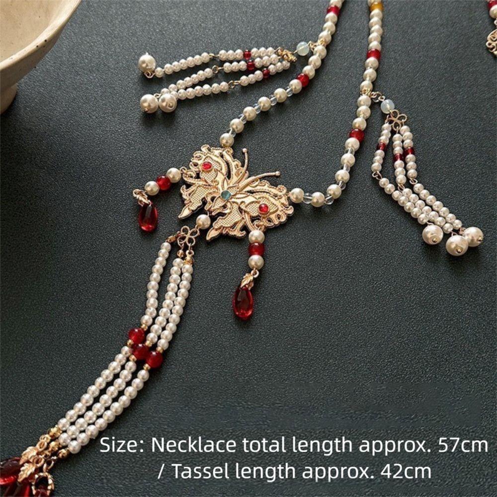 Retro Butterfly Necklace Fringed Chinese Style Necklace Pearl Pendant Necklace  Hanfu Costume