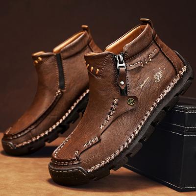 Botas de hombre Botas altas de cuero de felpa para exteriores, talla grande, otoño/invierno, botines cálidos de terciopelo hechos a mano