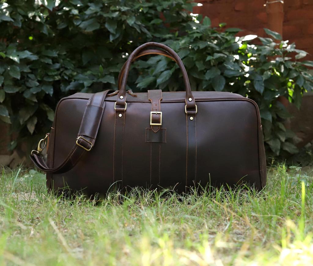 Personalized Leather Duffel Bag: Handmade Mens Weekender Travel Bag