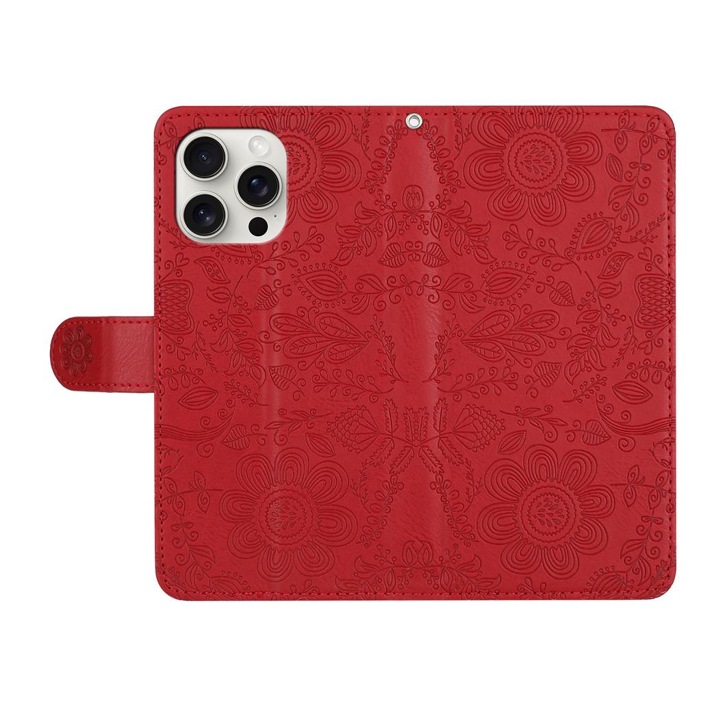 For iPhone 13 Pro Max Case Flower Imprint Leather Flip Wallet Phone Cover with Wrist Strap