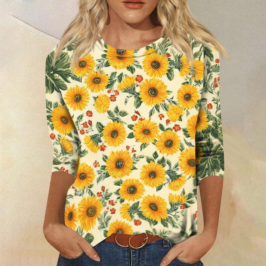 Women's Fashionable Casual Round Neck Three-Quarter Sleeve Printed T-Shirt Top