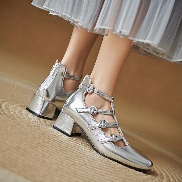 Gold silver patent leather hollow Mary Jane thick heel sexy high-top single shoes stage performance fashion model catwalk shoes