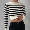 Camisa feminina listrada de malha canelada, manga comprida, gola redonda, ajuste fino, suéter