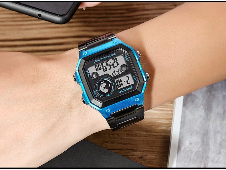 Sanda Men's Waterproof Multifunctional Digital Watch - Small Square, Steel Band