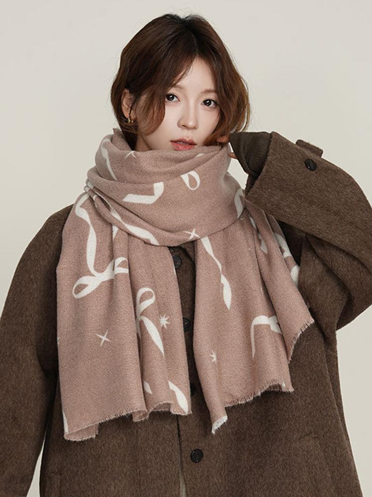 New Imitation Cashmere Knitted Scarf Winter Women Men Casual Sweet Bow Print Warm Scarve Pashmina Mujer Male Foulard Wrap Shawl