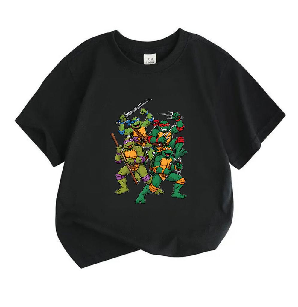 Kids Boys Girls Crew Neck Short Sleeve 100% Cotton T-Shirt, Cool Green Turtle Team Cartoon Print Casual Summer Soft Breathable Tee Tops for Children D