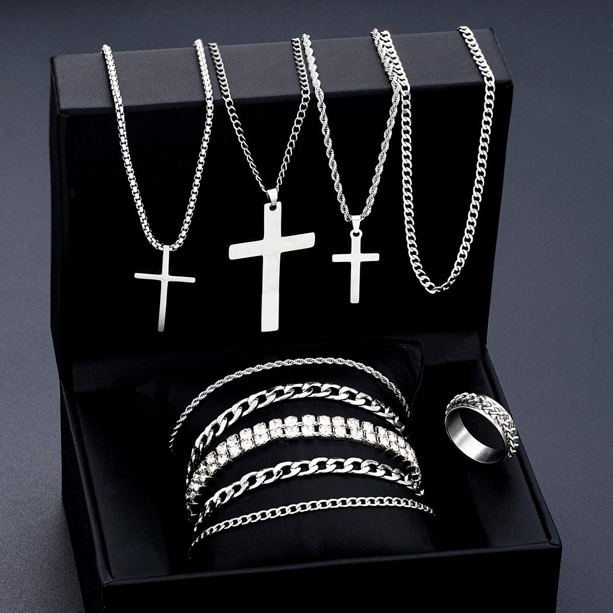 

10Pcs/Set Cross Necklace Bracelet Ring Sets For Men Stainless Steel Silver Color Versatile Zircon Jewelry Set Fashion Party Gift