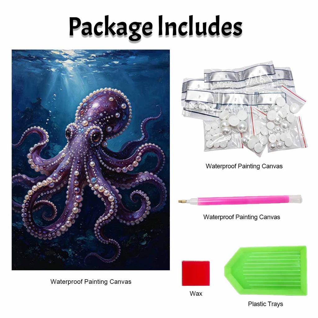 DIY Framed Pearl Painting Kit Purple Octopus Pattern Sparkling Bead Canvas Art for Living Room Decoration Wall Decor Handcraft Gift 14 inch Frame