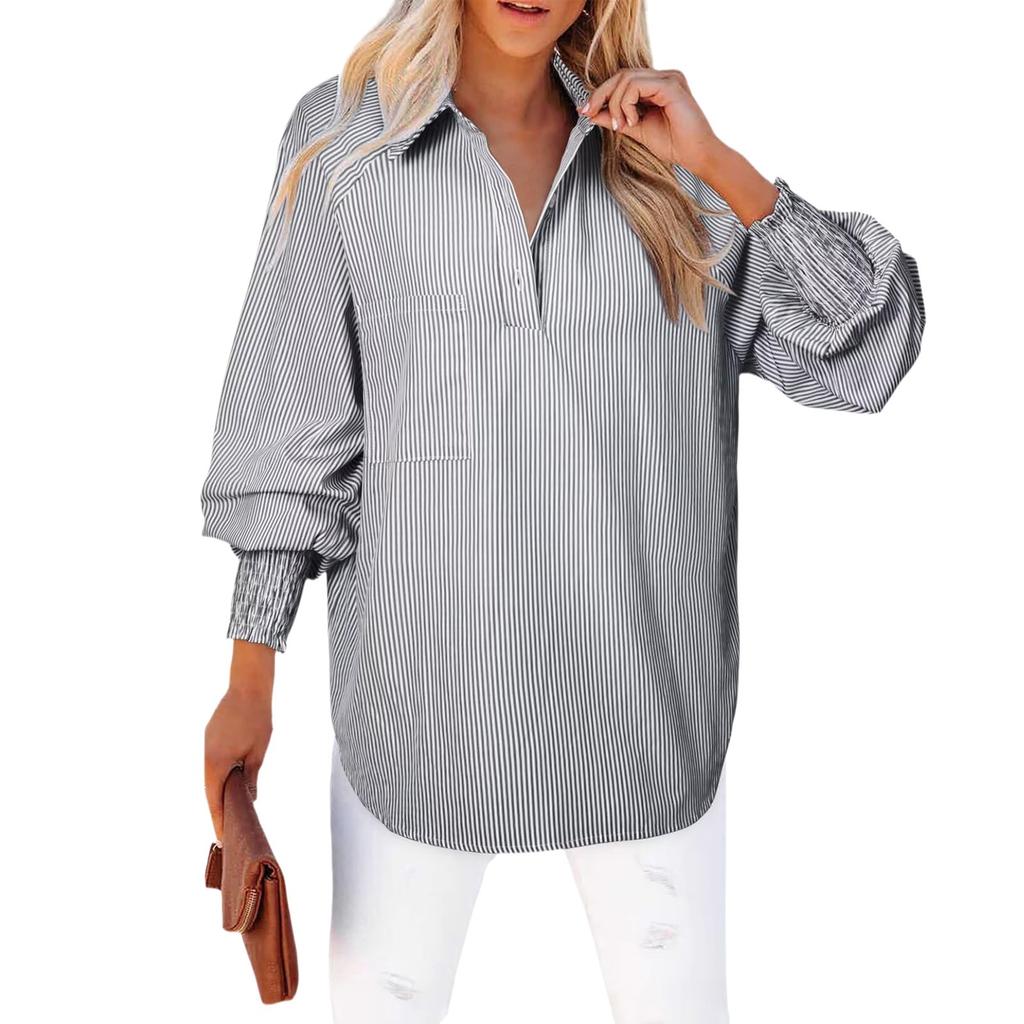 Dámská košile s dlouhým rukávem, jednobarevná, pruhovaná, ležérní, volný top