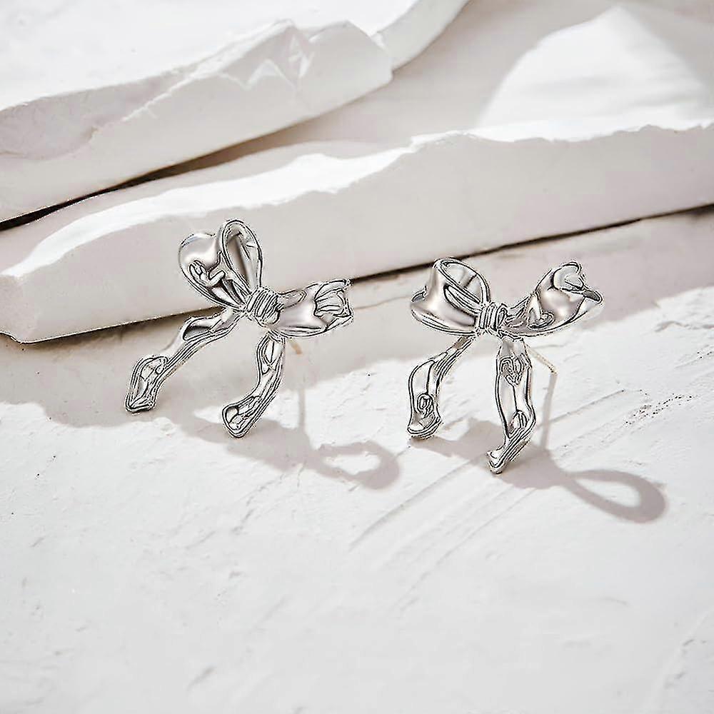 Gold Silver Bow Earrings Women Ribbon Stud Earrings Gift
