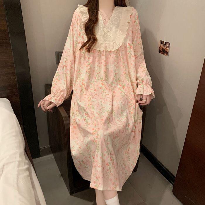 

Жіноча французька бавовняна мереживна нічна сорочка з квітковим візерунком - З довгим рукавом, осінній придворний стиль Medium