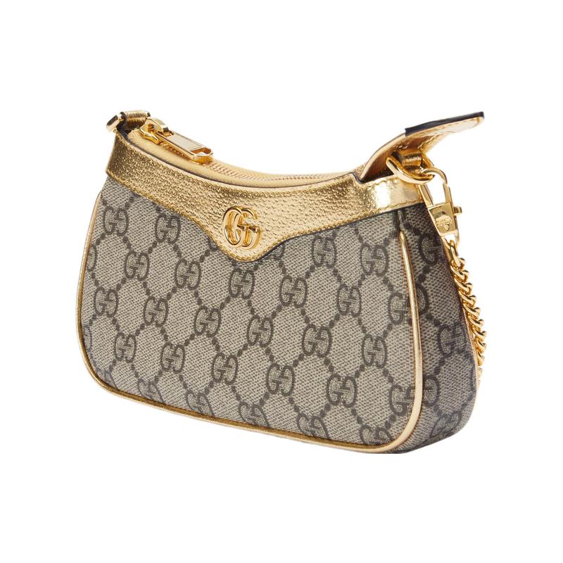 Gucci Ophidia Double G Logo Zipper Closure Canvas with Leather Finish Hand-held Shoulder Bag Mini Women's Beige with Ebony
