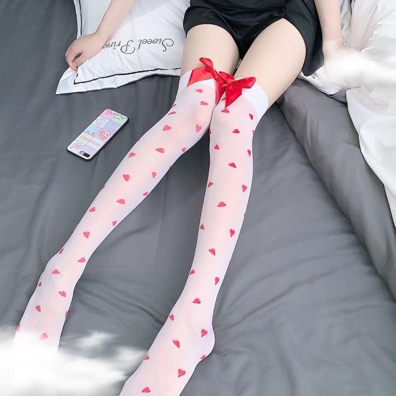

Christmas Sweetheart High Stockings Love Pattern Red Bow Ultra-thin Beautiful Legs Stockings Knee Socks Women s Stockings one size fits all білий