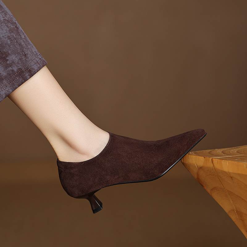 Krazing Pot Sheep Suede Autumn Winter Shoes Stiletto Med Heels Size 43 Size 42 Pointed Toe Concise Style Deep Mouth Pumps
