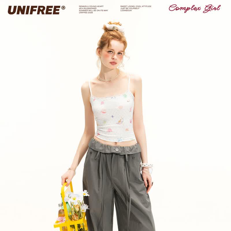 UNIFREE Ocean Print Lace Trim Vest S
