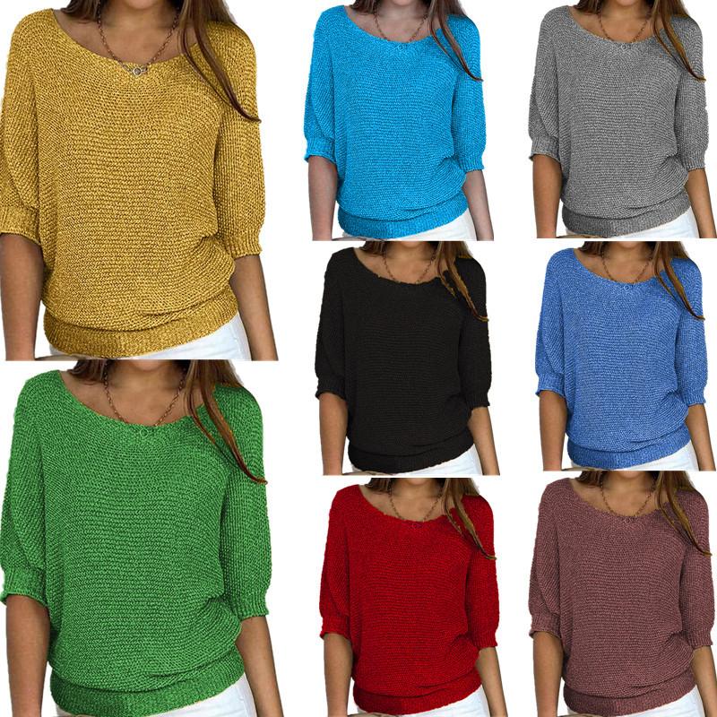 

Women s Loose Knit Sweater Round Neck 3/4 Sleeve Casual Pullover in Yellow, Gray, Purple, Blue, Beige S