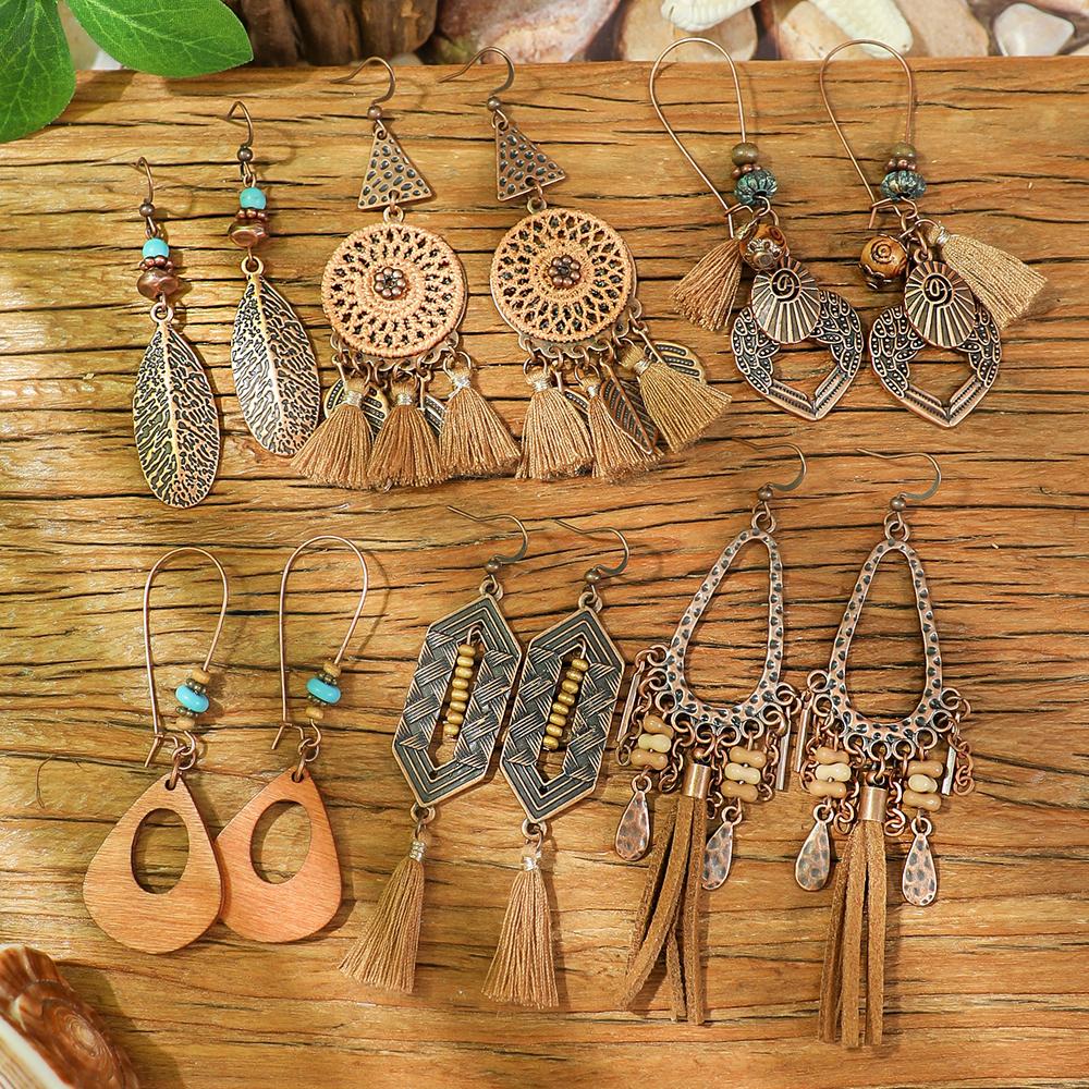 19 párů Boho náušnic Vintage hnědá série náušnic Střapcové tkané výrazné geometrické visací náušnice Lehké všestranné dárky