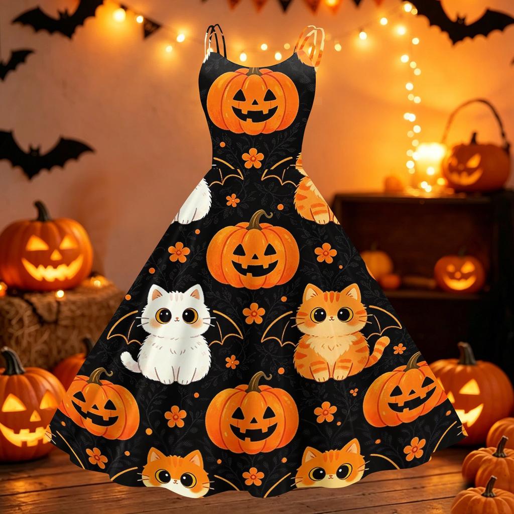 Womens Halloween Print Dress Spaghetti Strap Off Shoulder Punk Vintage Style Midi Dress Casual Party Dress