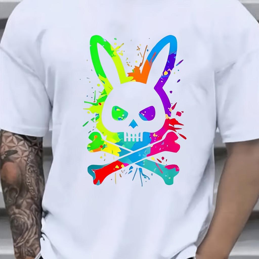 Summer Mens Roundneck ShortSleeved Sports TShirt Skull Rabbit Print 100 Cotton Casual Summer Outfit Breathable Comfortable